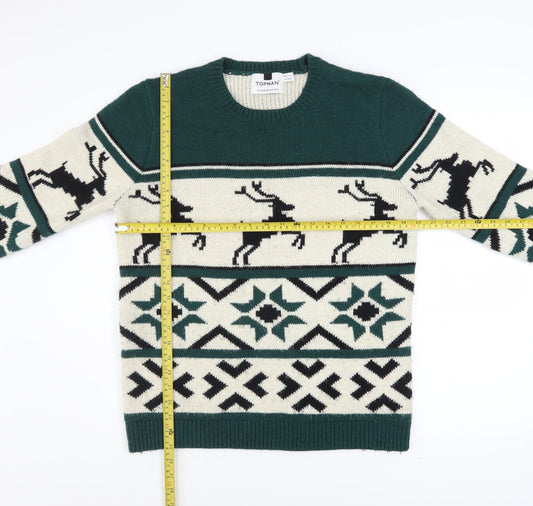 Topman Men’s Green Christmas Reindeer Fair Isle Wool Blend Jumper M