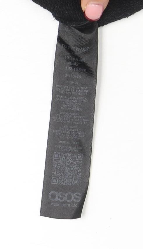 Brand and care label for ASOS Men’s Black Jogger Trousers M with Rainbow Side Stripe