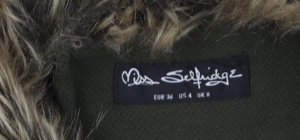 Miss Selfridge Women’s Green Wool Blend Fur Trim Long Coat UK 8
