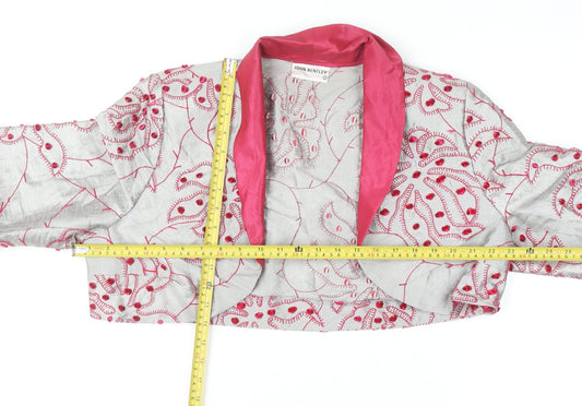 John Bentley Women’s Grey Pink Embroidered Silk Cropped Blazer Size 16