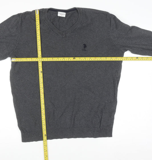 U.S. Polo Assn. Men's Grey V-Neck Cotton Pullover Jumper L