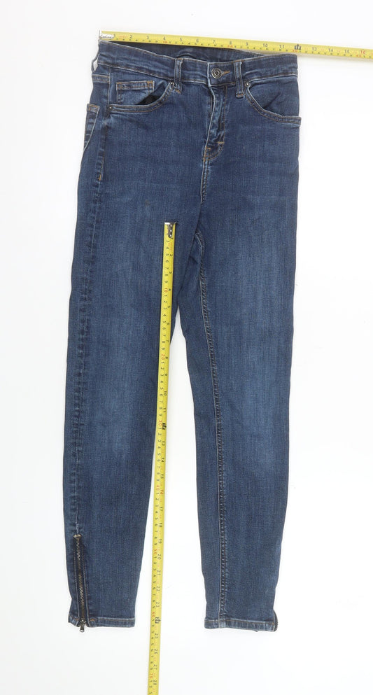 Topshop Women’s Blue Moto Skinny Jeans W28 L30 Mid Rise Ankle Zip Denim