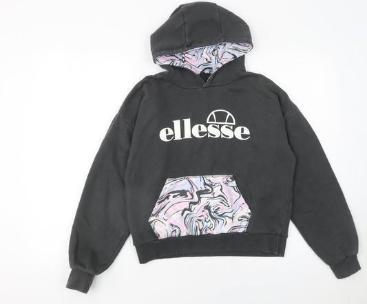 Ellesse Girls Black Hoodie 12-13 Years Pullover Marbled Pocket Cotton Blend