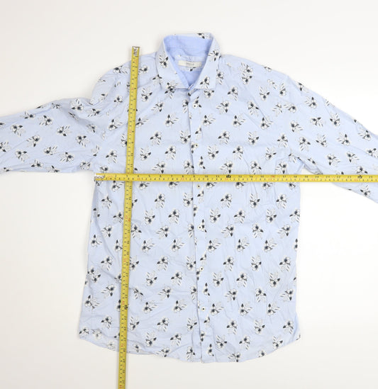 Jack & Jones Men's Blue Floral Long Sleeve Cotton Button-Up Shirt Size L 42