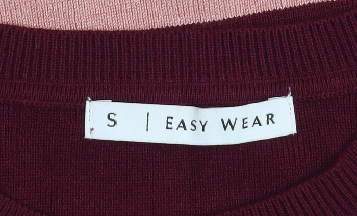Brand and care label for Easy Wear Women's Burgundy Pink Striped Pullover Sweatshirt, size S