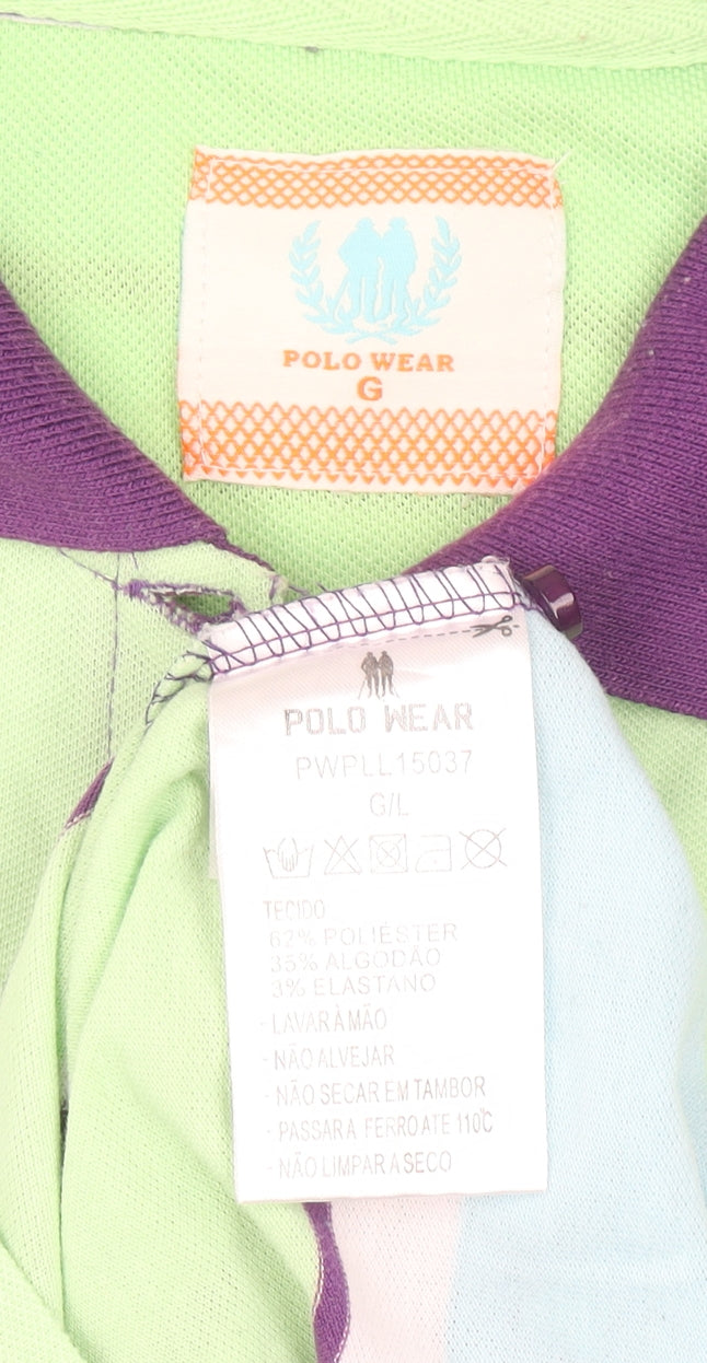 Brand and care label for Polo Wear girls’ multicoloured striped polo shirt, size L, cotton blend