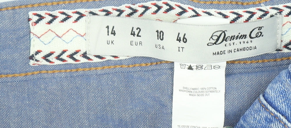 Brand and care label for Denim Co women’s blue, size UK 14, relaxed distressed boyfriend jeans