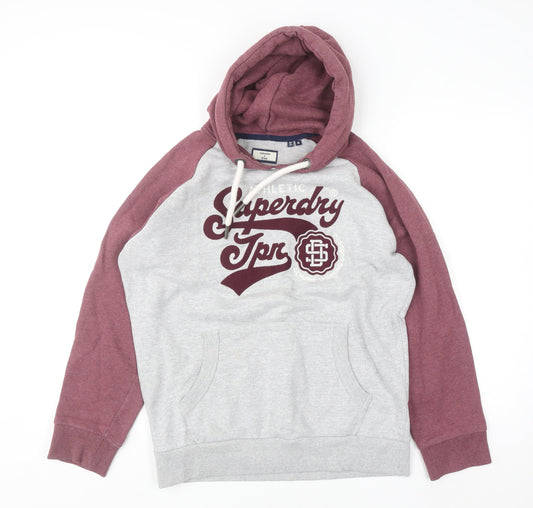Superdry Men's Grey Burgundy Pullover Hoodie Size M Graphic Sweatshirt
