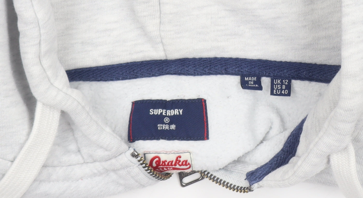 Superdry Women Grey Full Zip Hoodie UK 12 Osaka Logo Lined Casual Sweatshirt