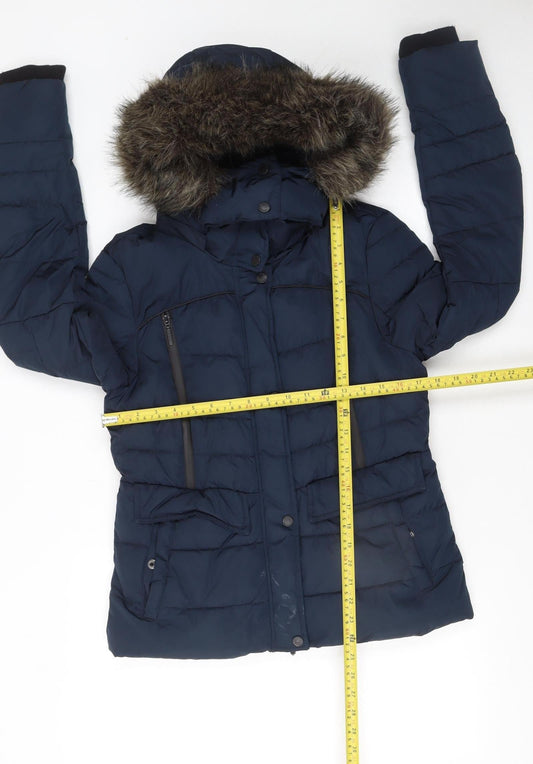 Superdry Women's Blue Faux Fur Hooded Puffer Jacket Size 10