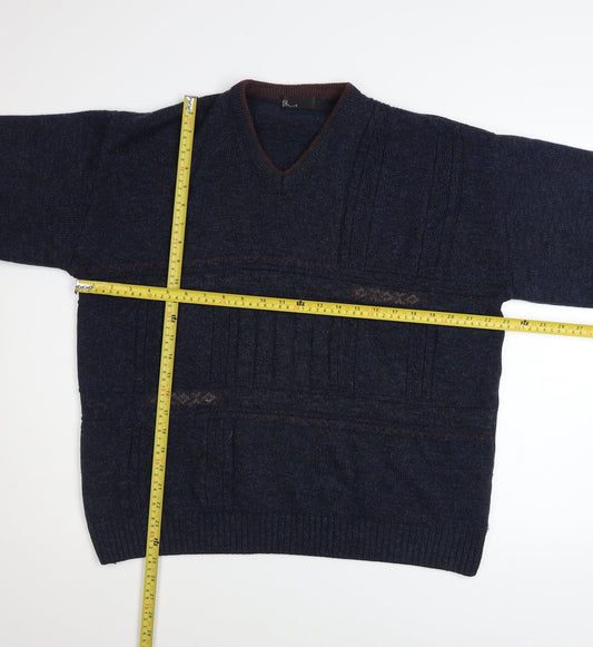 BH Men's Blue Wool Blend V-Neck Knitted Pullover Jumper Size M