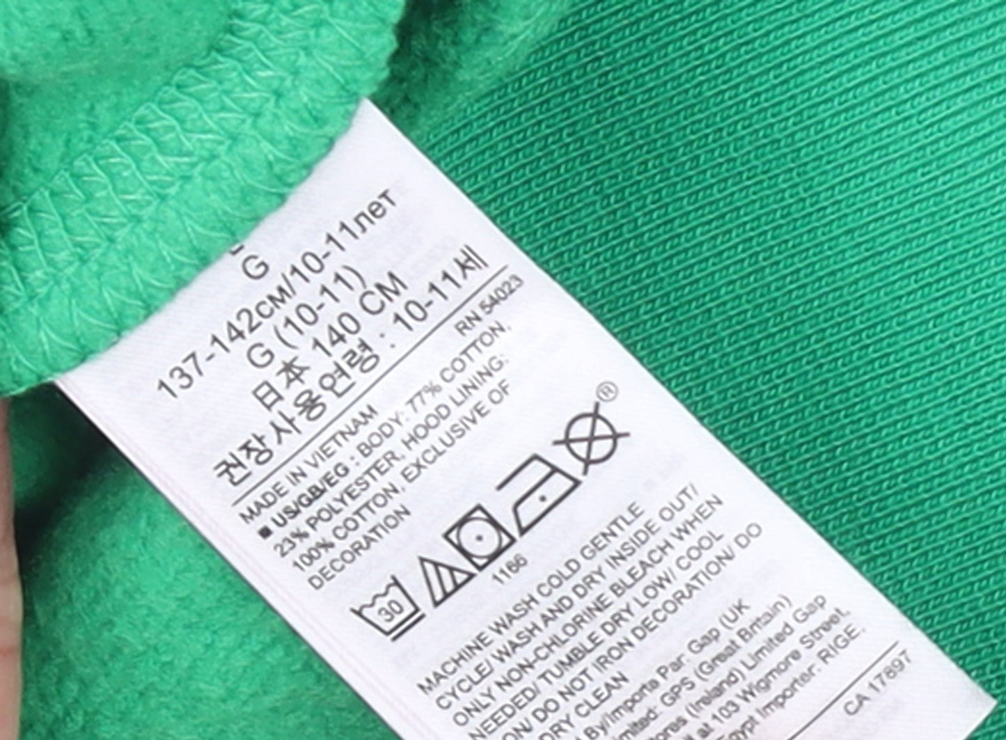 GAP Kids Boys Green Pullover Hoodie 10-11 Years Fleece Lined Logo Sweatshirt