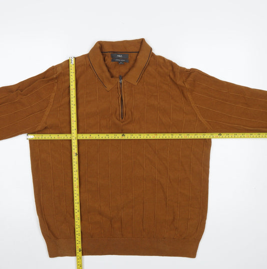 Marks and Spencer Men’s Brown 2XL Collared 1/2 Zip Cotton Knit Jumper