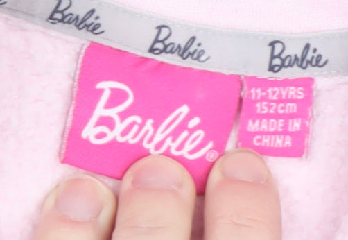Brand and care label for Barbie girls’ pink 11-12 years half zip fleece sweatshirt