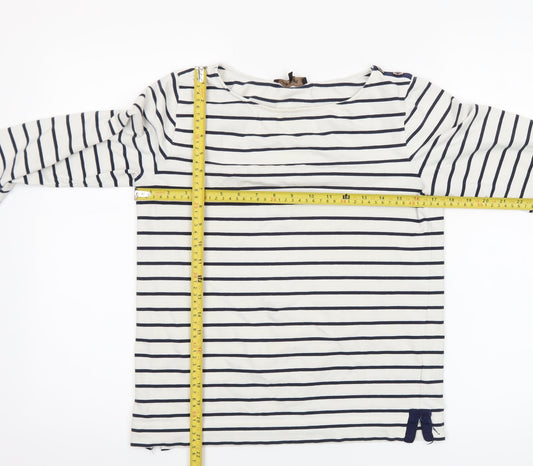 Jaeger Women White Navy Striped Cotton Boat Neck Long Sleeve Top S