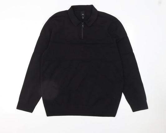 River Island Men's Black Long Sleeve 1/4 Zip Polo Top Size L
