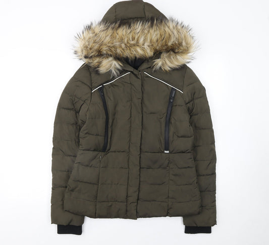 Superdry Women's Green Fur Trim Hooded Puffer Jacket Size S