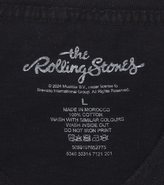 Brand and care label for The Rolling Stones Men's Black Graphic Band T-Shirt L 100% Cotton Retro Music Tee