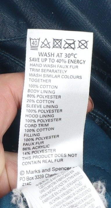 Marks and Spencer Women Blue Faux Fur Hooded Parka Coat Size 14