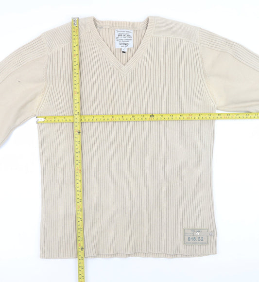 Next Men's Beige Cotton V-Neck Ribbed Jumper Size L Vintage Style Knitwear
