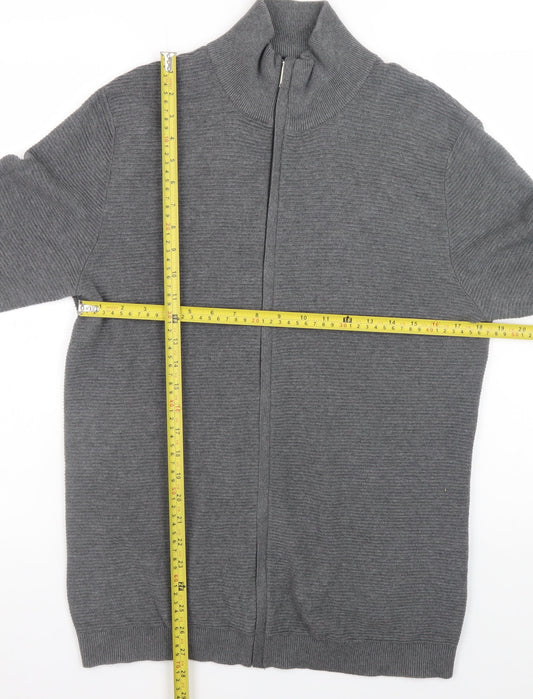Selected Homme Men's Grey Full Zip High Neck Cotton Jumper Size M