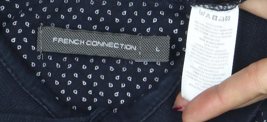 Brand and care label for French Connection Men's Navy Polka Dot Cotton Polo Shirt, size L