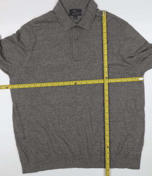 Marks and Spencer Mens Grey 2XL Cotton Rich Long Sleeve Polo