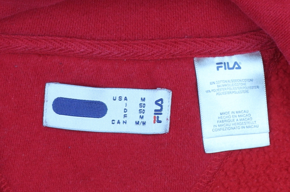 Brand and care label for Fila men’s red 1/2 zip pullover fleece sweatshirt, size M