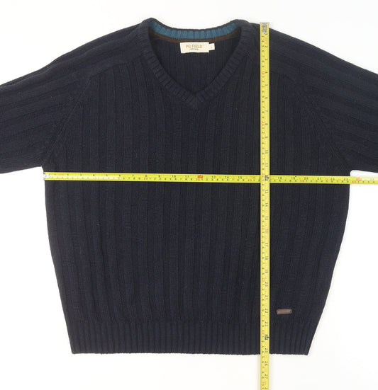 PG Field Men's Blue V-Neck Cable Knit Acrylic Jumper Size L