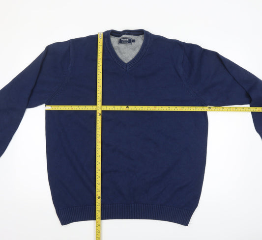 Maine New England Men’s Blue Cotton V-Neck Jumper Size L Classic Knit