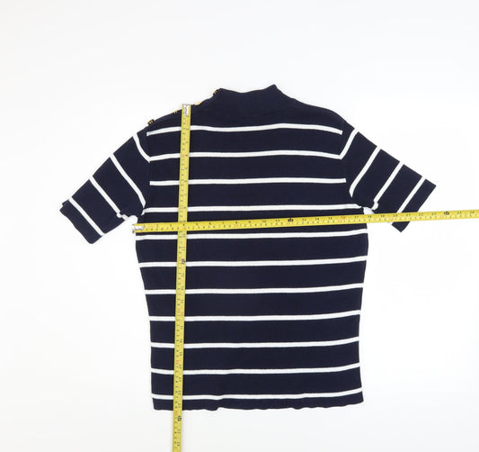 Marks and Spencer Women’s Navy Striped Knit Top UK 12 Mock Neck Short Sleeve