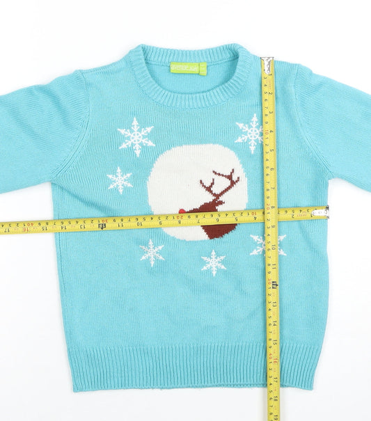 Avenue Kids Girls Blue Reindeer Christmas Jumper 7-8 Years Acrylic Knit