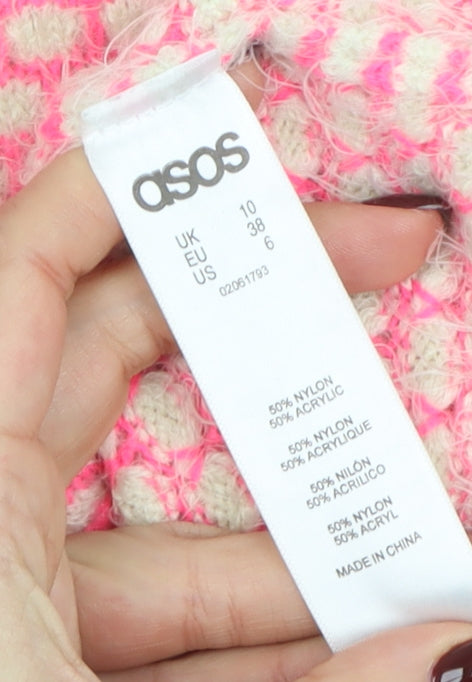 ASOS Women Pink & Cream Short Sleeve Cropped Knit Jumper UK 10
