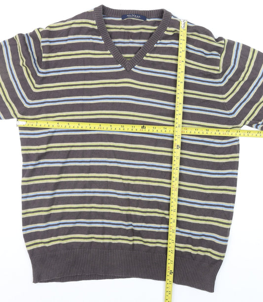 McNeal Men's Brown Striped Cotton V-Neck Jumper Size M