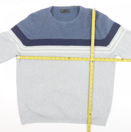 Marks and Spencer Men’s Grey XL Cotton Blend Striped Crew Neck Jumper