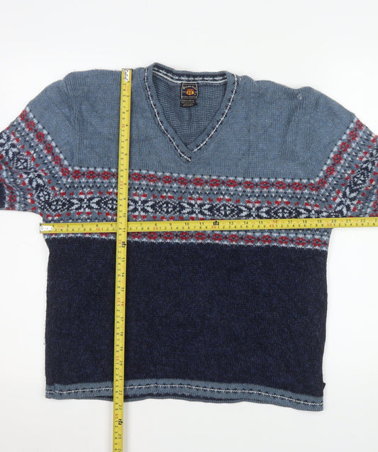 Route 66 Men's Blue Fair Isle V-Neck Acrylic Pullover Jumper XL