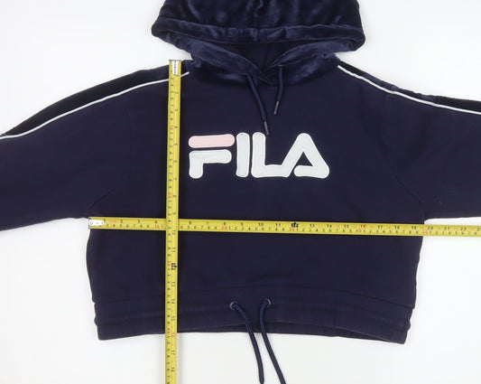Fila Womens Navy Blue Cropped Hoodie Size 12 M Logo Drawstring Pullover