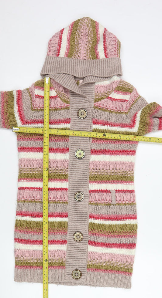 Next Girls Multicoloured Hooded Cardigan 11-12 Years Striped Knit Button Front