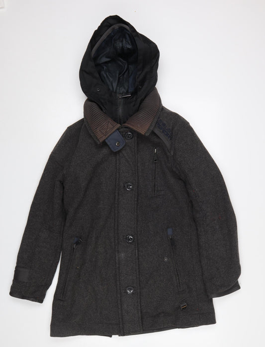 Superdry Men's Grey Wool Blend Hooded Overcoat XS