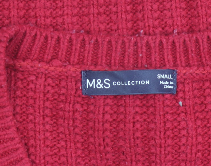 Marks and Spencer Women Red Chunky-Knit V-Neck Pullover Jumper Size S