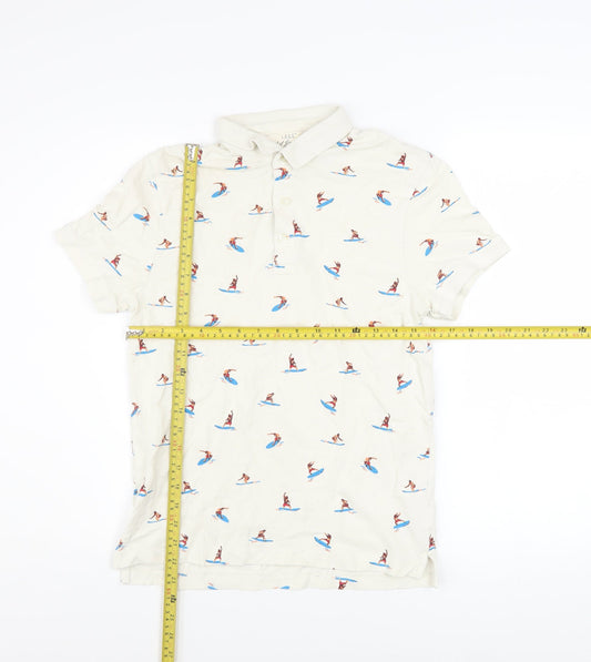 H&M L.O.G.G Men's Beige Surfer Print Cotton Polo Shirt Size S