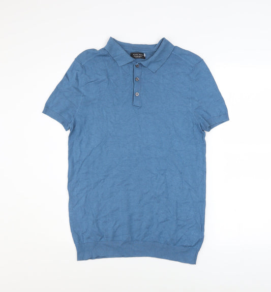 Zara Man Blue Short Sleeve Polo Shirt Men's Size S Viscose Knit Top