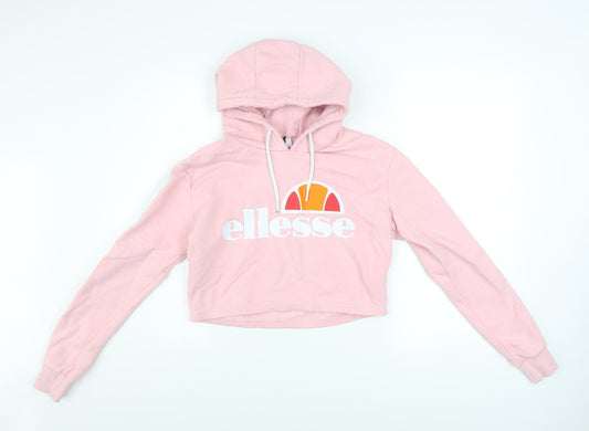 Ellesse Womens Pink Cropped Hoodie UK 10 Pullover Logo Sweatshirt