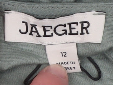 Brand and care label for Jaeger women’s green cotton stretch 3/4 sleeve scoop neck top, size UK 12