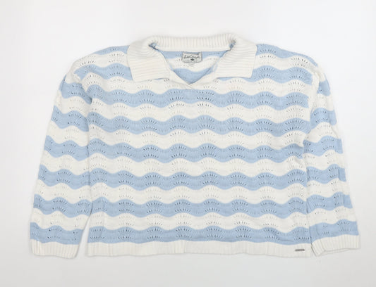 Lee Cooper Womens Blue White Collared Knit Jumper Size L Cotton Pullover