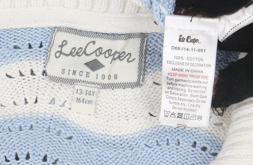 Brand and care label for Lee Cooper women’s blue white collared knit jumper, size L, cotton pullover