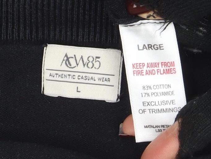 Brand and care label for AW85 Men’s Black Cotton V-Neck Jumper, size L, Casual Knitwear