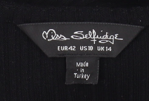 Brand and care label for Miss Selfridge Women’s Black Bodycon Midi Dress, size UK 14, Stretch Knit