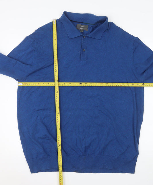 Marks and Spencer Men's Blue Cotton Blend Long Sleeve Polo 2XL