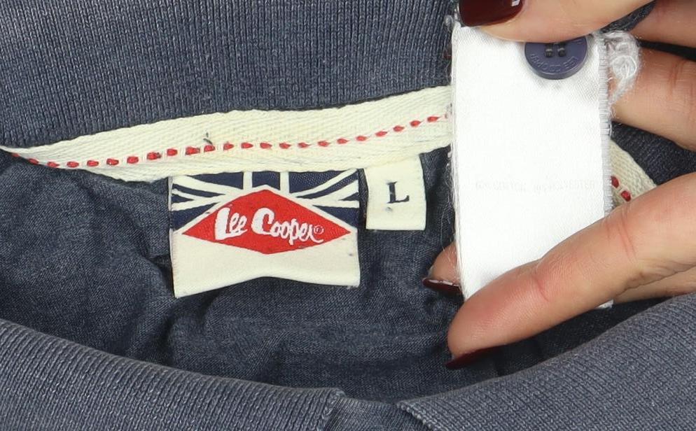 Brand and care label for Lee Cooper Men's Blue Cotton Polo Shirt, size L, Regular Fit
